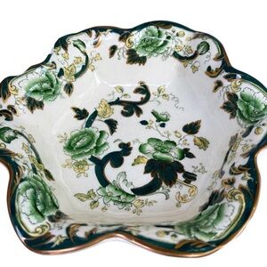 Vintage Ironstone Serving Bowl Green Floral Scalloped Cottagecore